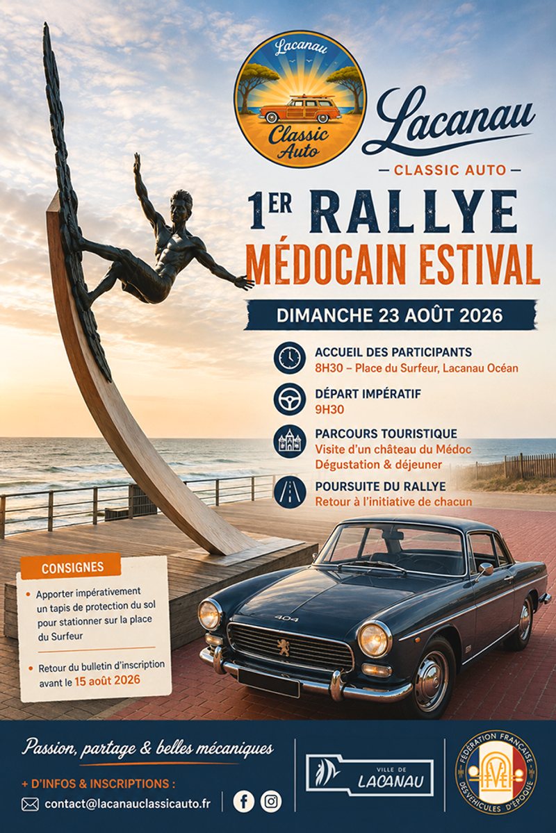 Affiche du 1er Rallye Médocain Estival de Lacanau Classic Auto, dimanche 23 août 2026 à Lacanau Océan
