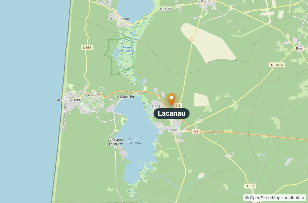 Carte de Lacanau en Gironde, localisation de l'association Lacanau Classic Auto